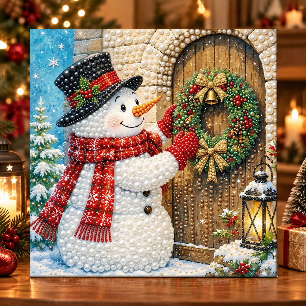 Snowman by the festive door pearl diamond painting kit for beginners