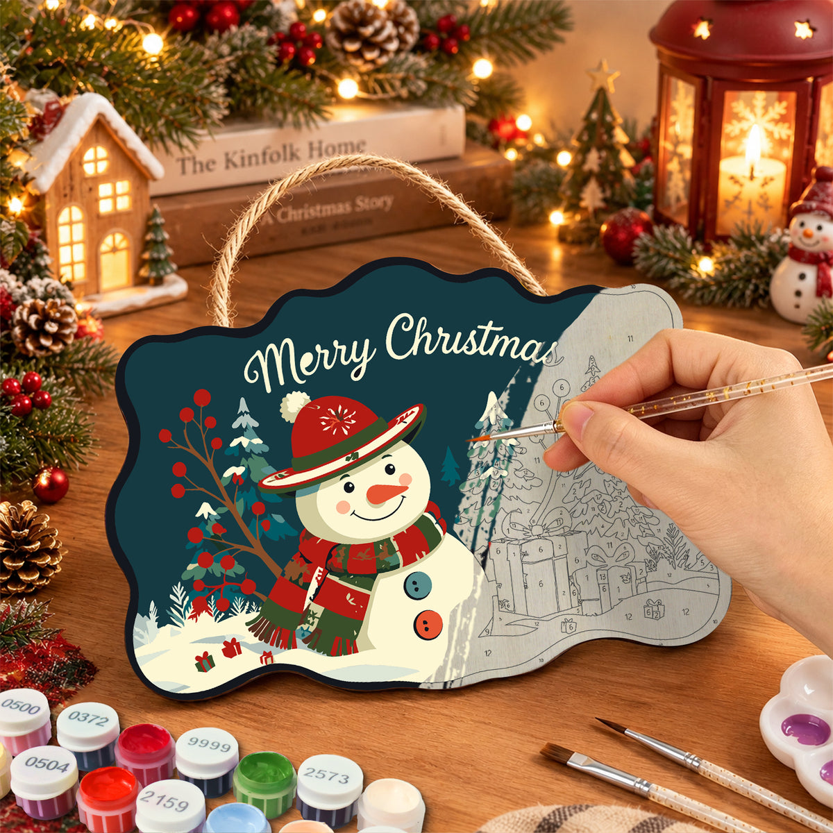 Snowman christmas scene paint by numbers door hanger painting process