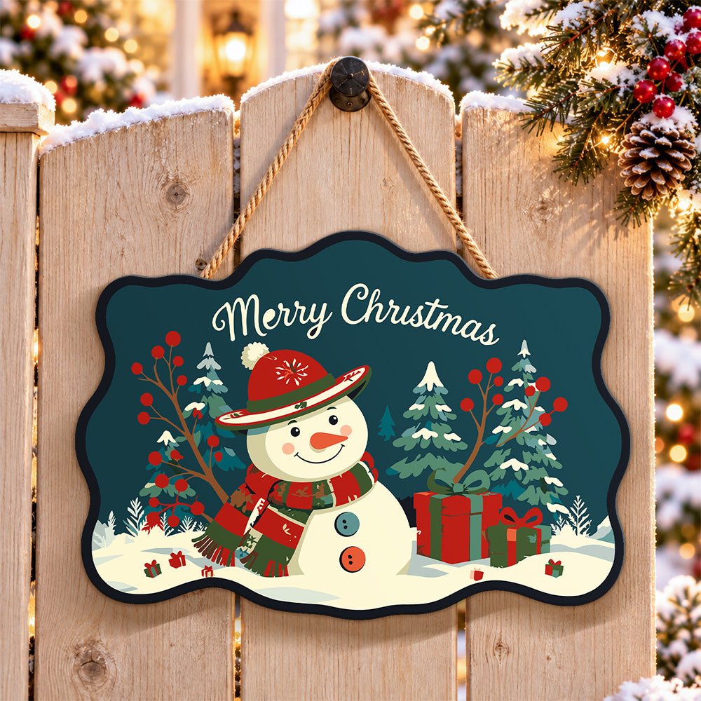 Snowman christmas scene paint by numbers door hanger on a garden gate