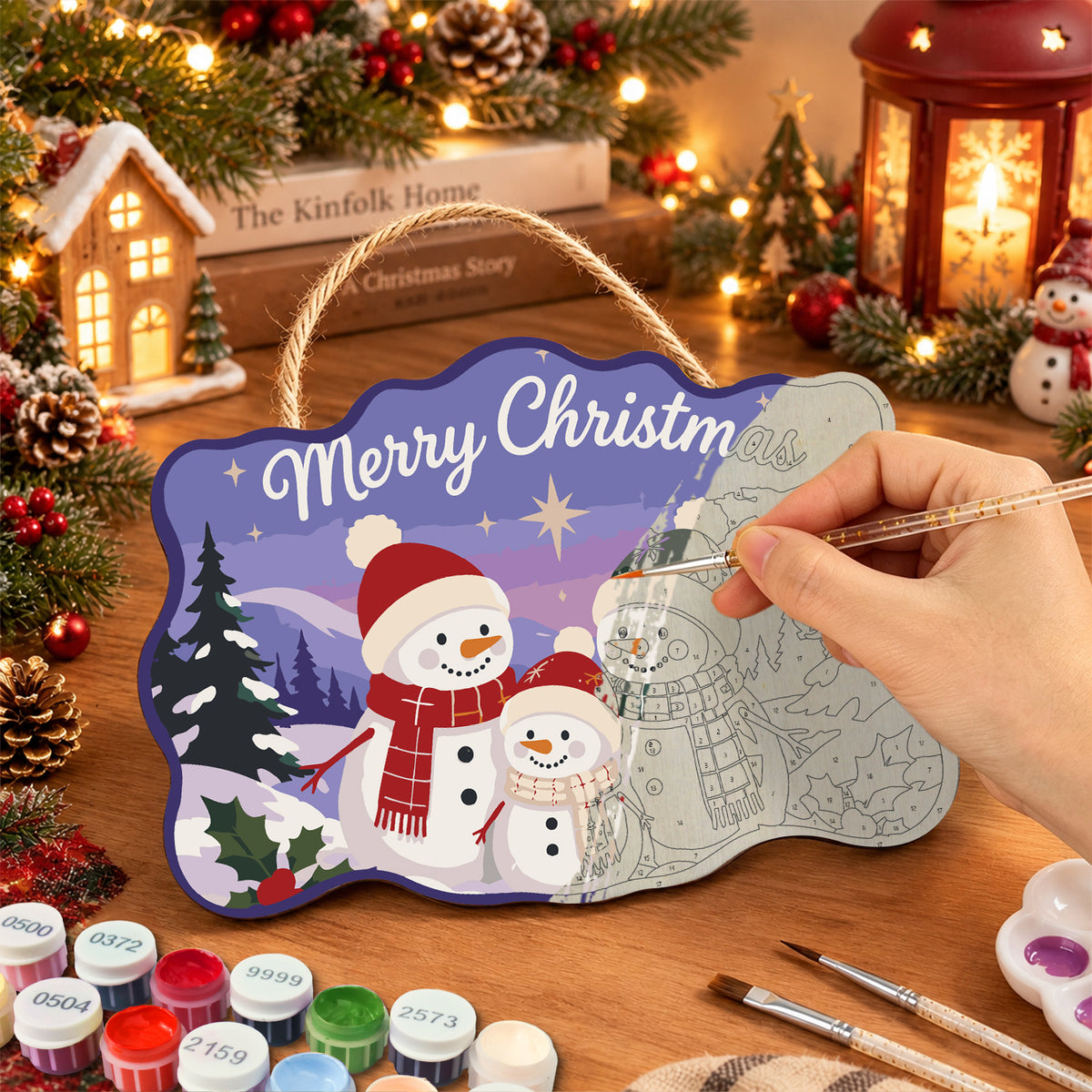 Snowman family christmas paint by numbers door hanger painting process