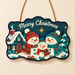 Snowman family with cozy cottage paint by numbers door hanger finished design