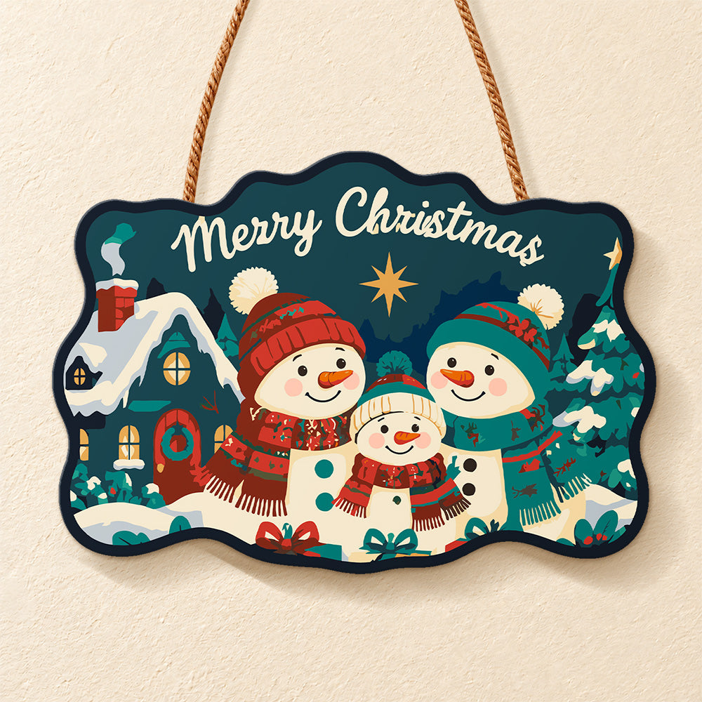 Snowman family with cozy cottage paint by numbers door hanger finished design