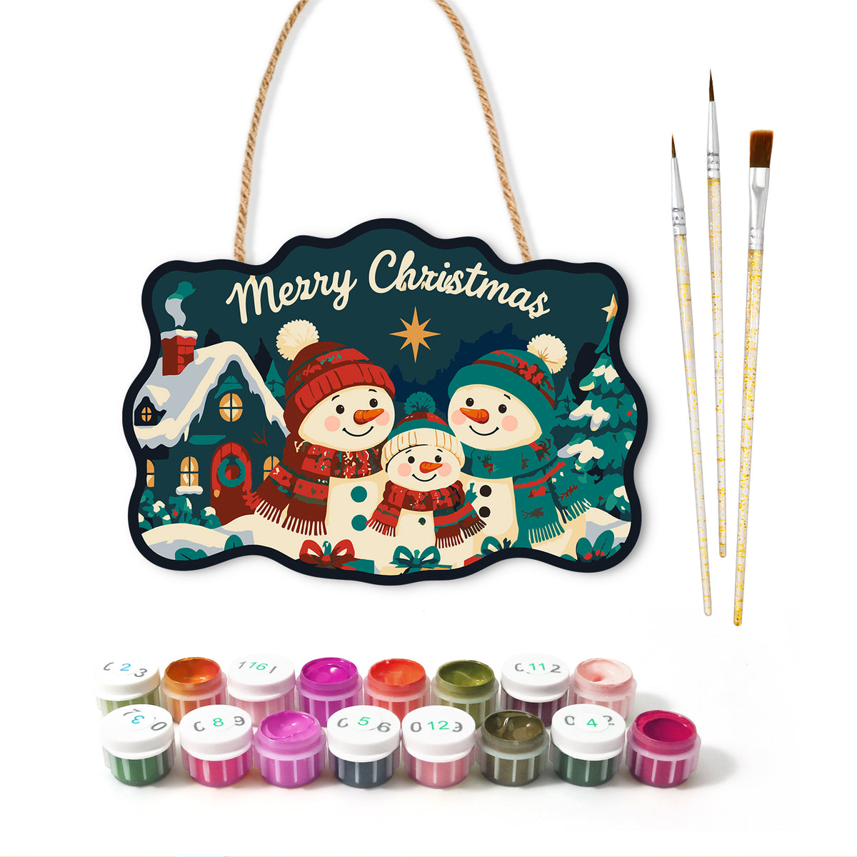 Snowman family with cozy cottage paint by numbers door hanger with paints and brushes