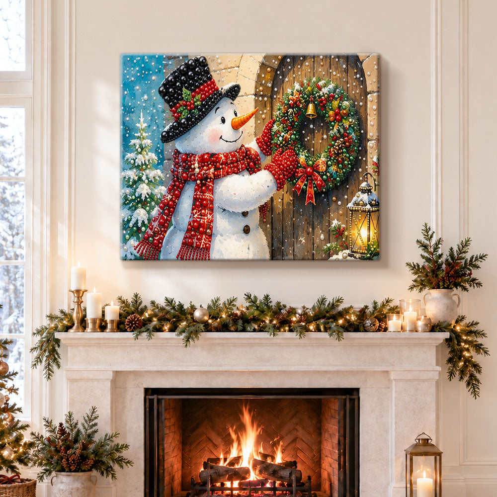 Finished snowman hanging wreath pearl diamond painting artwork displayed as holiday home decor