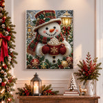 Finished snowman holding hot chocolate mug pearl diamond painting artwork displayed as holiday home decor