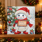 Finished snowman holding merry christmas sign pearl diamond painting artwork displayed as holiday home decor