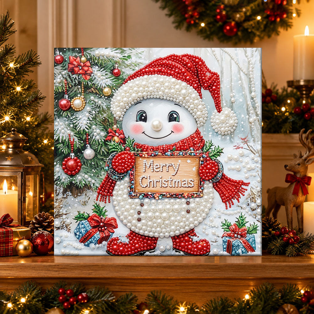 Finished snowman holding merry christmas sign pearl diamond painting artwork displayed as holiday home decor