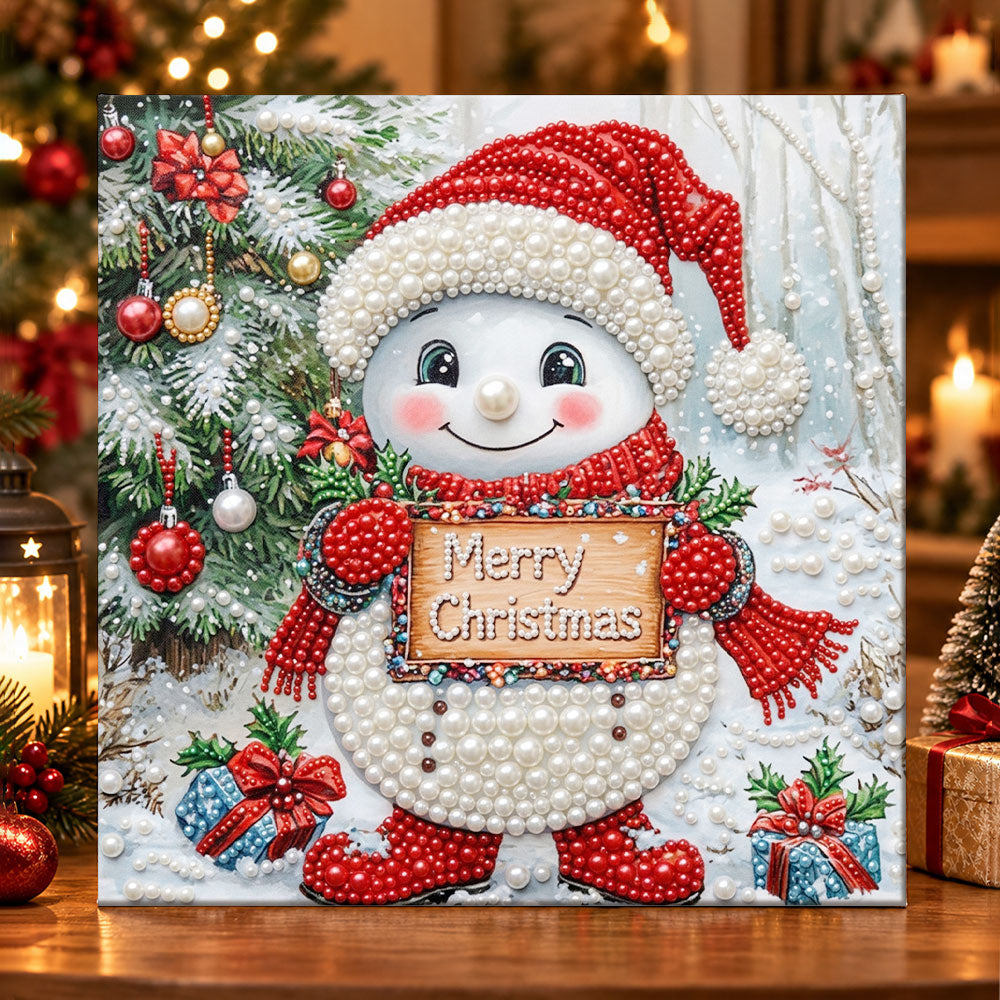 Snowman holding merry christmas sign pearl diamond painting kit for beginners