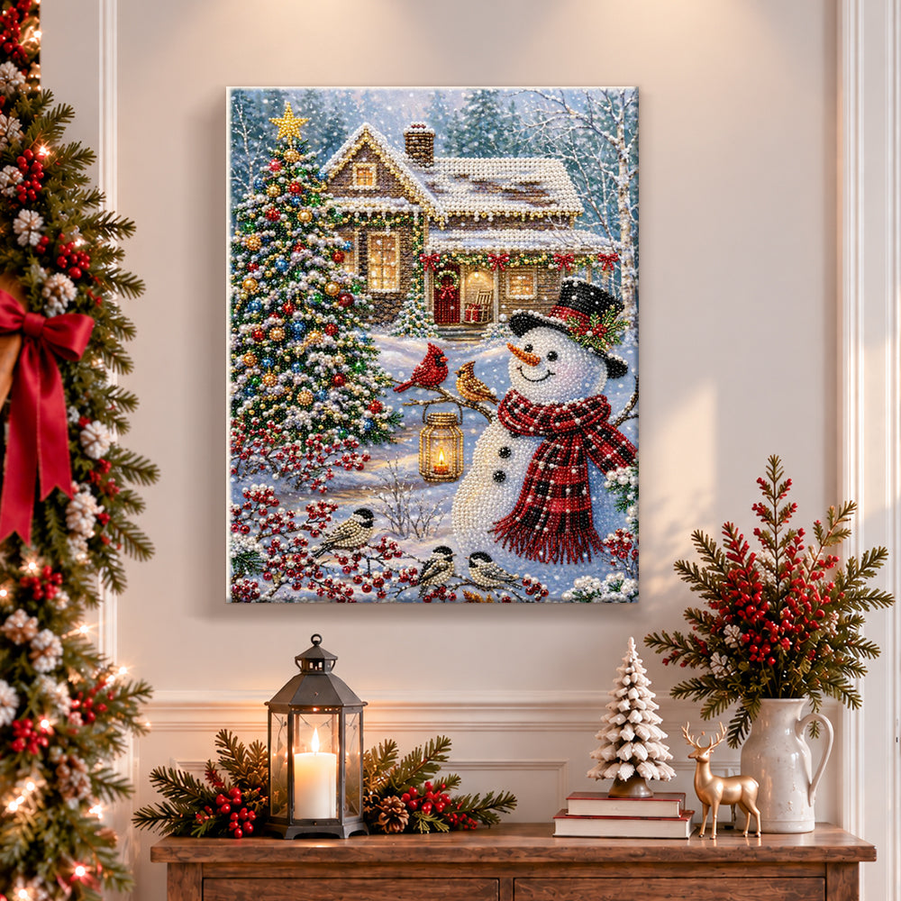 Finished snowman in winter cottage yard pearl diamond painting artwork displayed as holiday home decor