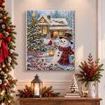 Finished snowman in winter cottage yard pearl diamond painting artwork displayed as holiday home decor
