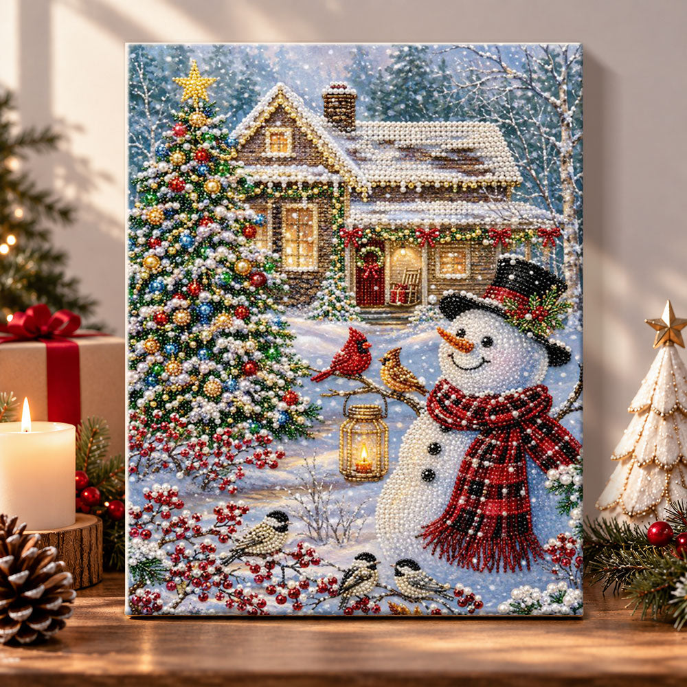 Snowman in winter cottage yard pearl diamond painting kit for beginners