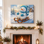 Finished snowman on wooden sled pearl diamond painting artwork displayed as holiday home decor