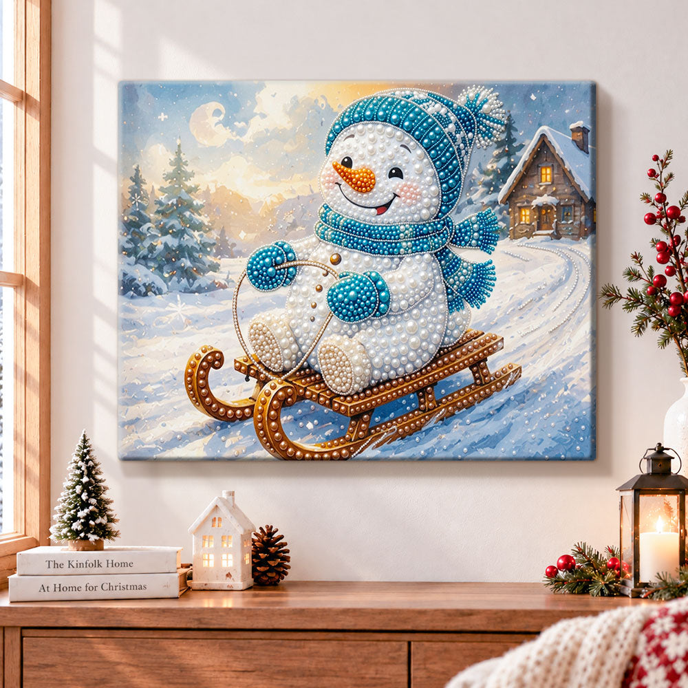 Snowman on wooden sled pearl diamond painting kit for beginners