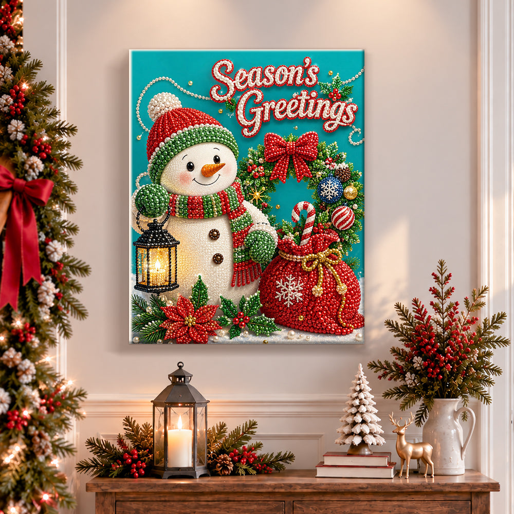 Finished snowman season greetings pearl diamond painting artwork displayed as holiday home decor