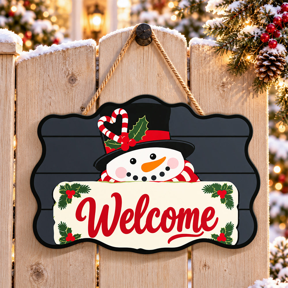 Snowman welcome paint by numbers door hanger on a garden gate