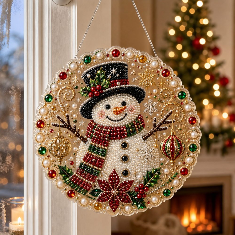 Finished snowman with christmas hat pearl diamond painting artwork displayed as holiday home decor