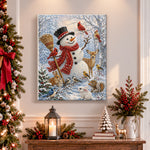Finished snowman with forest wildlife pearl diamond painting artwork displayed as holiday home decor