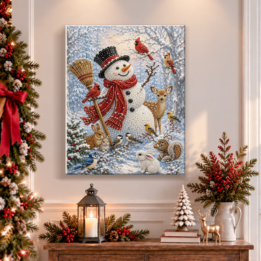Finished snowman with forest wildlife pearl diamond painting artwork displayed as holiday home decor