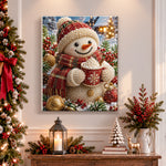 Finished snowman with hot cocoa mug pearl diamond painting artwork displayed as holiday home decor