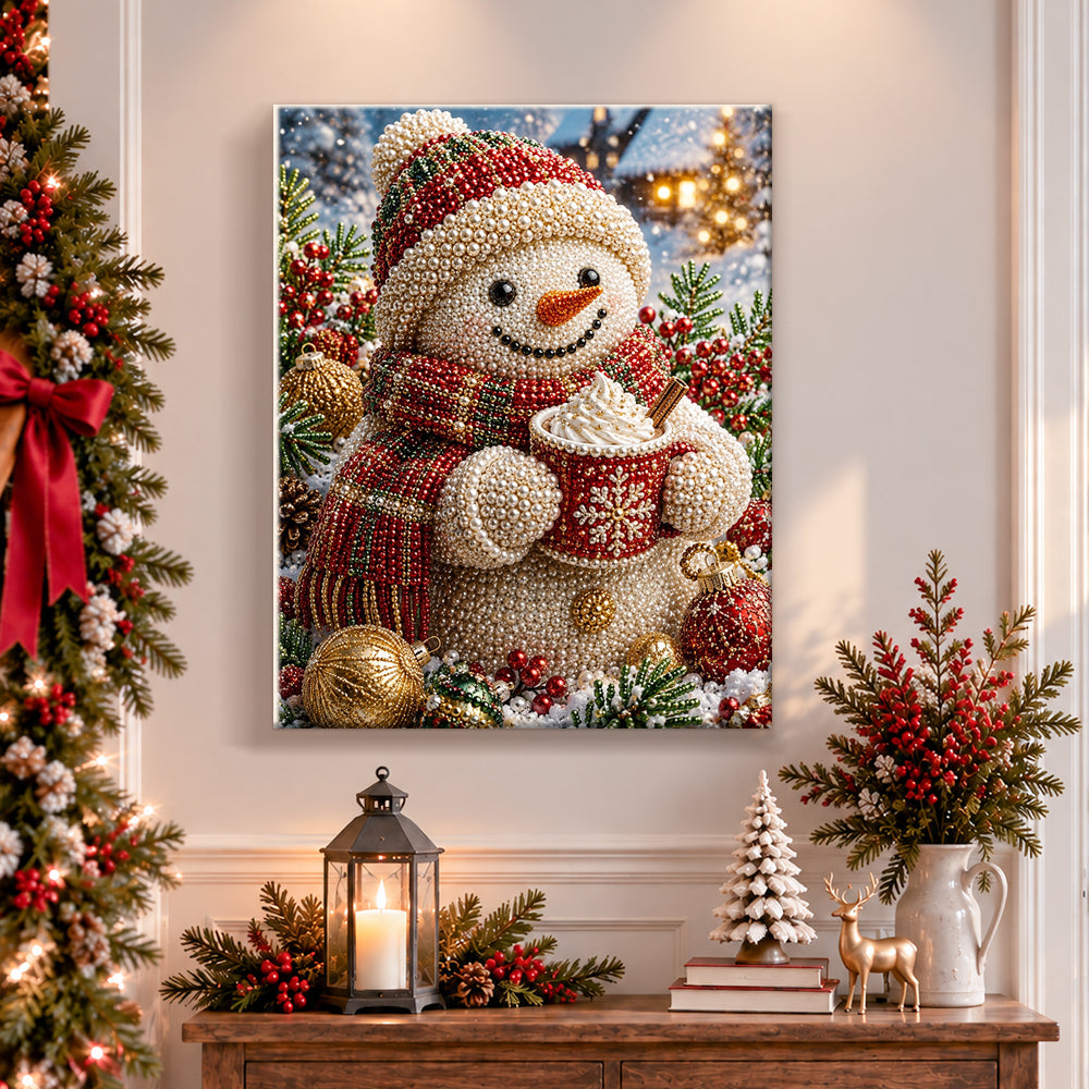 Finished snowman with hot cocoa mug pearl diamond painting artwork displayed as holiday home decor