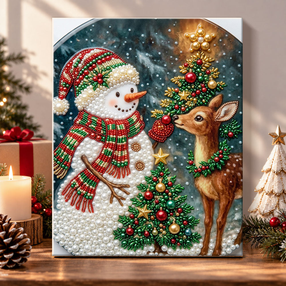 Snowman with little deer pearl diamond painting kit for beginners