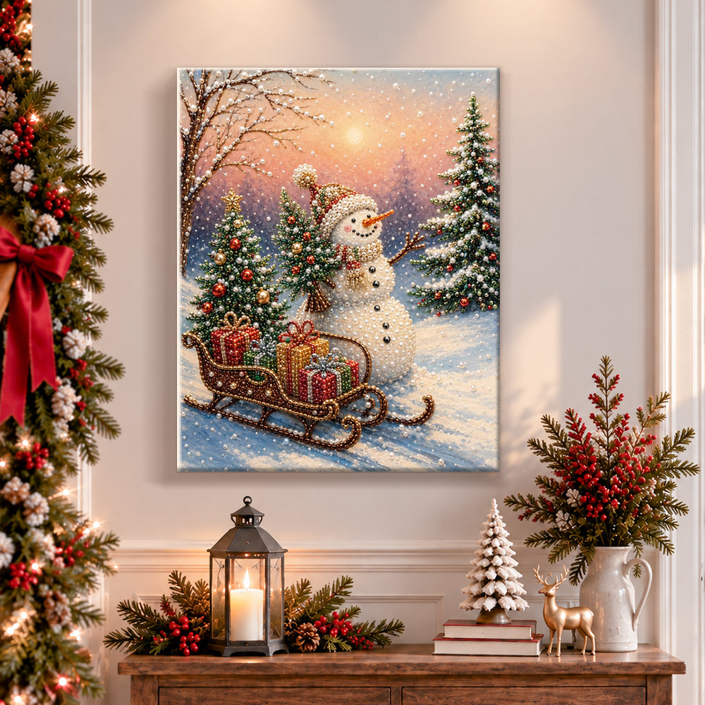Finished snowman with sleigh and gifts pearl diamond painting artwork displayed as holiday home decor