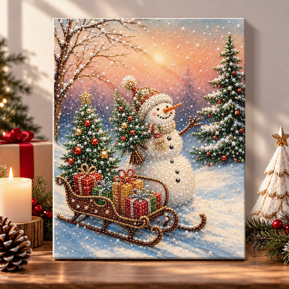 Snowman with sleigh and gifts pearl diamond painting kit for beginners