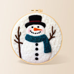 Snowman with teal scarf needle felting kit for beginners with a round wooden frame