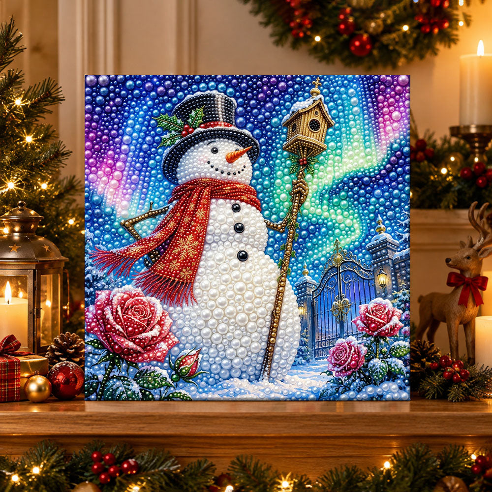 Finished snowman with winter roses pearl diamond painting artwork displayed as holiday home decor
