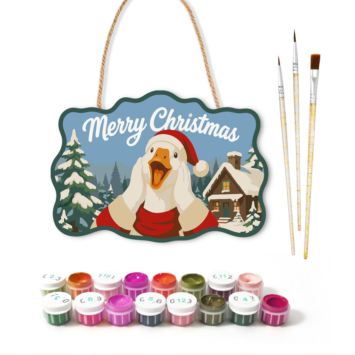 Snowy cabin christmas paint by numbers door hanger with paints and brushes