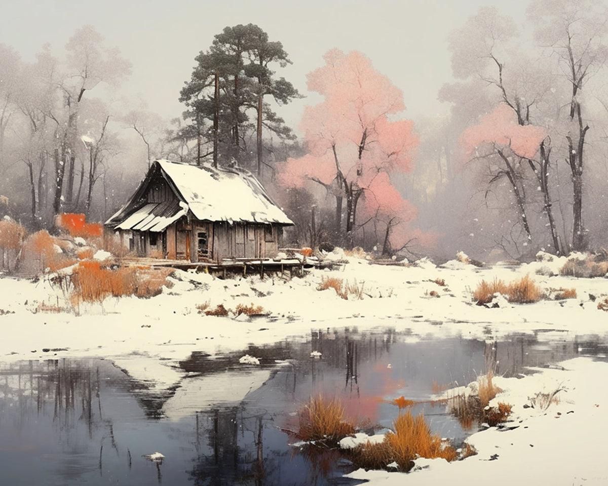 Snowy cabin with pink trees in winter mist cross stitch kit for beginners