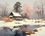 Snowy cabin with pink trees in winter mist cross stitch kit for beginners
