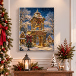 Finished snowy christmas bell pavilion pearl diamond painting artwork displayed as holiday home decor