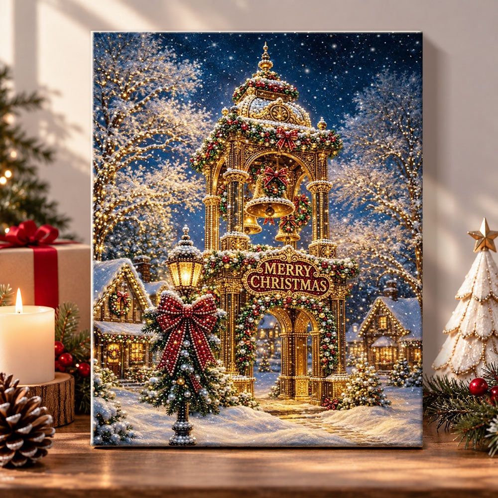 Snowy christmas bell pavilion pearl diamond painting kit for beginners