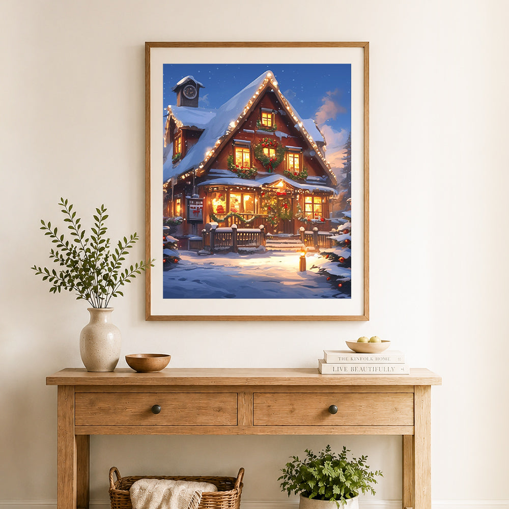 Finished snowy christmas cabin cross stitch artwork displayed as home decor