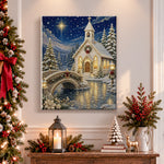 Finished snowy christmas chapel at night pearl diamond painting artwork displayed as holiday home decor