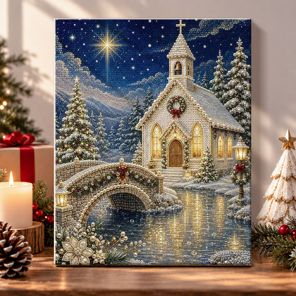 Snowy christmas chapel at night pearl diamond painting kit for beginners
