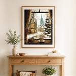 Finished snowy christmas city from window view cross stitch artwork displayed as home decor