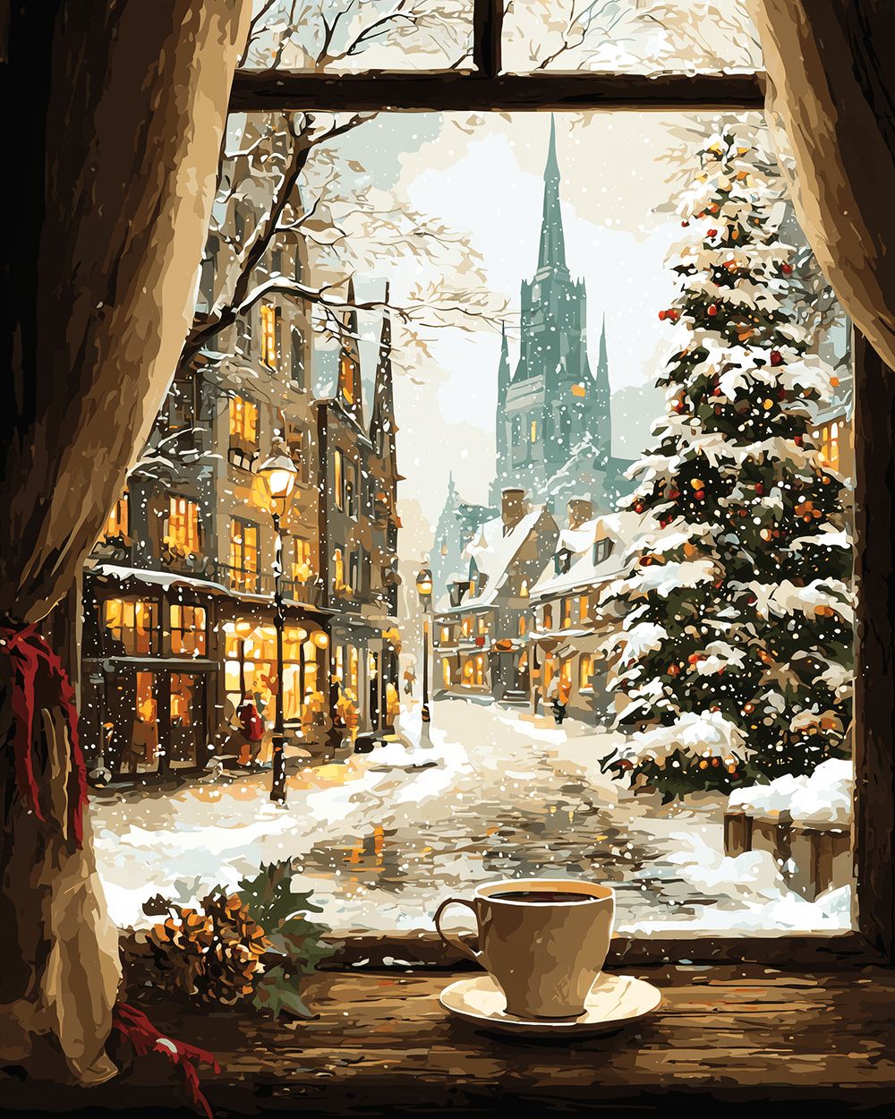 Snowy christmas city from window view cross stitch kit for beginners
