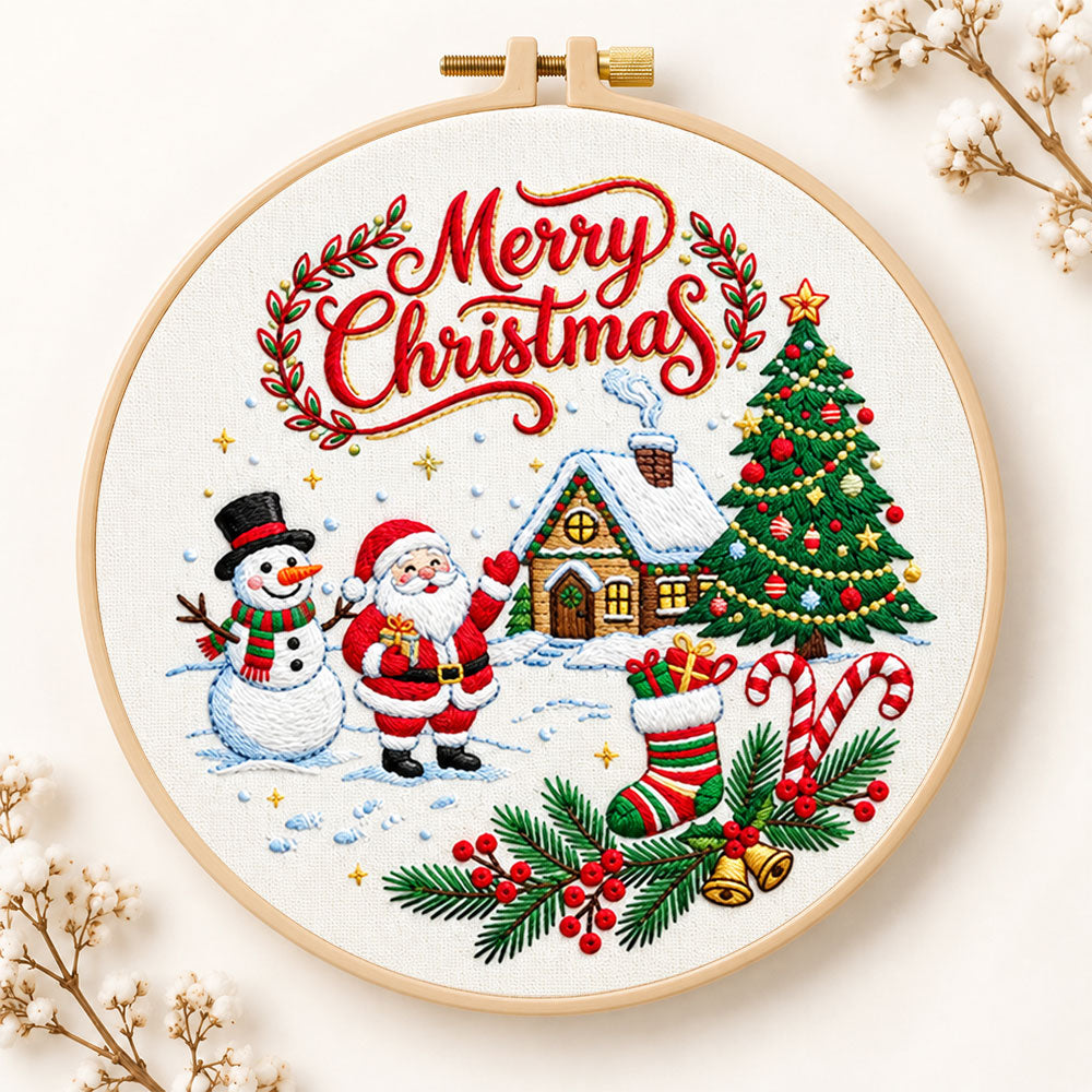 Snowy christmas cottage embroidery kit