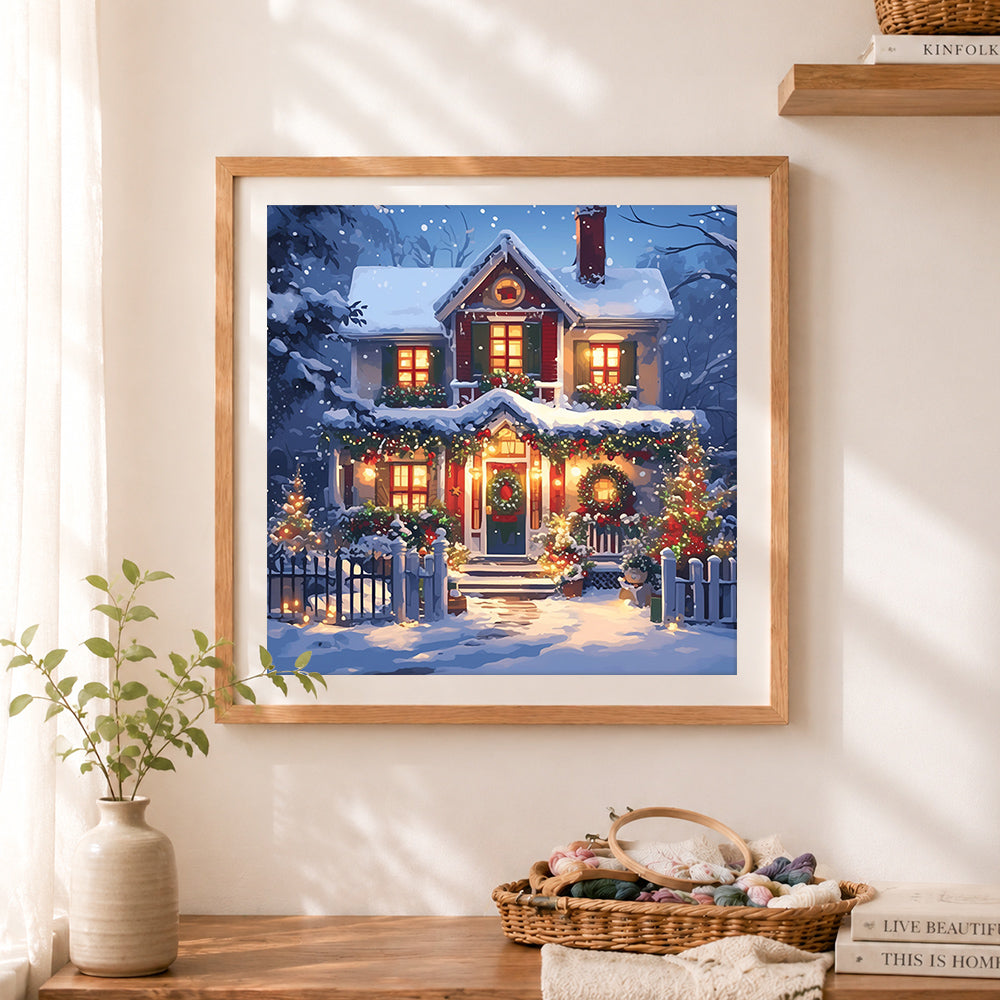 Finished snowy christmas house with glowing lights cross stitch artwork displayed as home decor