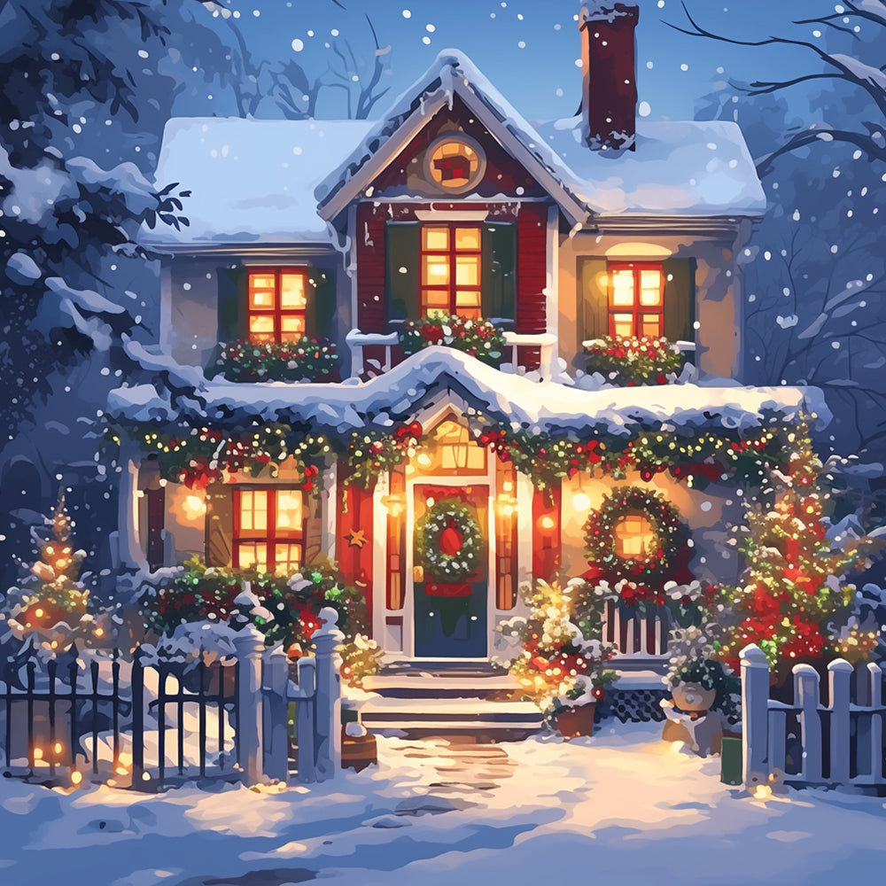Snowy christmas house with glowing lights cross stitch kit for beginners