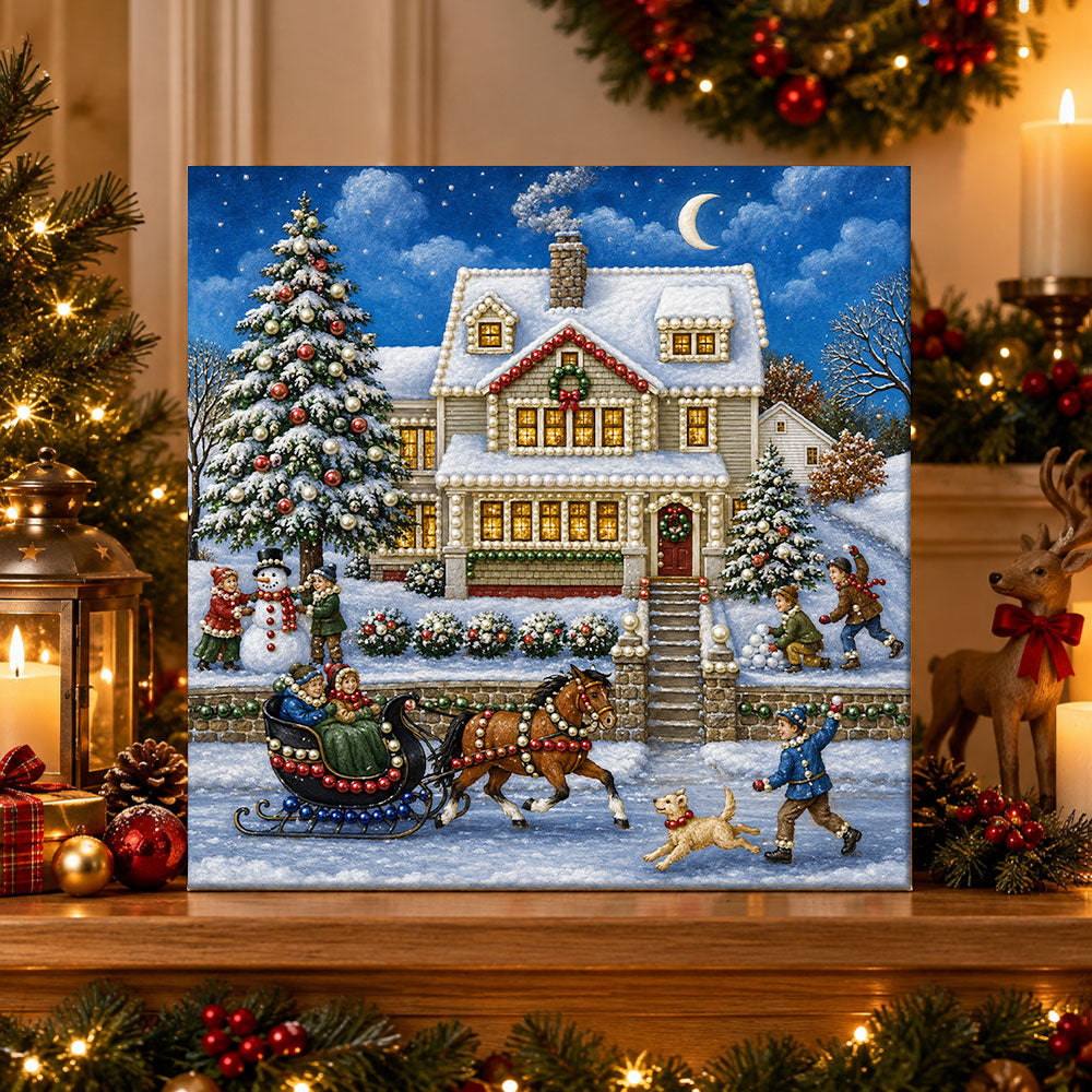 Finished snowy christmas night with sleigh ride pearl diamond painting artwork displayed as holiday home decor