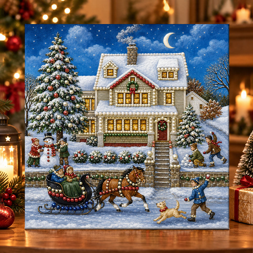 Snowy christmas night with sleigh ride pearl diamond painting kit for beginners