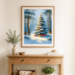 Finished snowy christmas tree in forest with gifts cross stitch artwork displayed as home decor