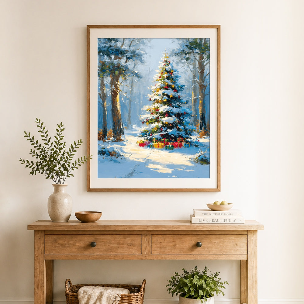 Finished snowy christmas tree in forest with gifts cross stitch artwork displayed as home decor