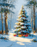 Snowy christmas tree in forest with gifts cross stitch kit for beginners
