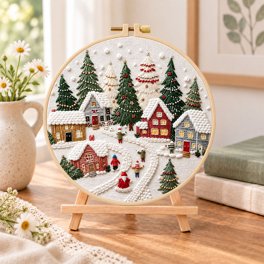 Snowy christmas village embroidery kit finished hoop displayed on a wooden stand as cozy tabletop decor