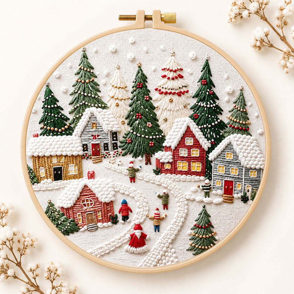 Snowy christmas village embroidery kit