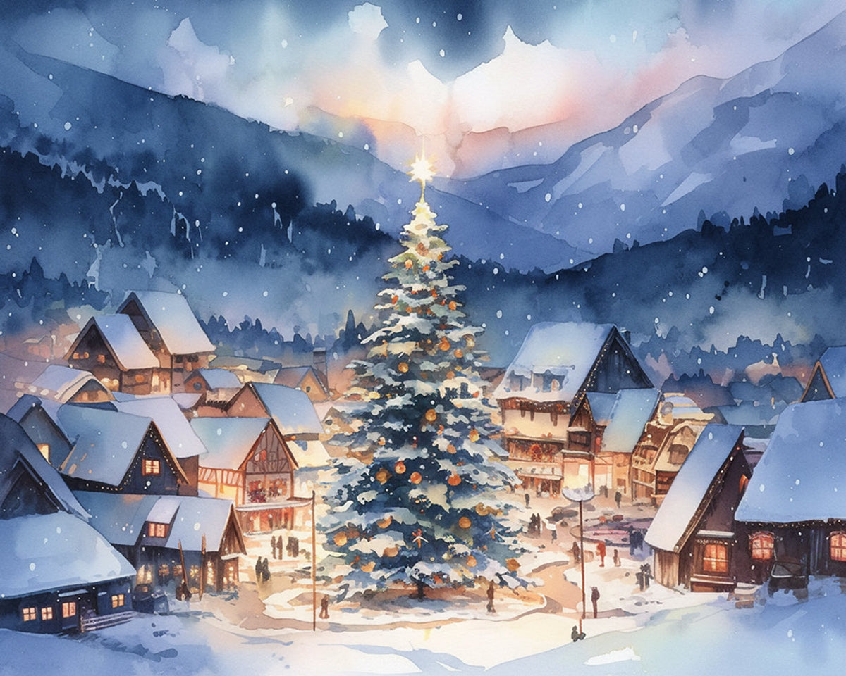 Snowy christmas village with glowing tree cross stitch kit for beginners
